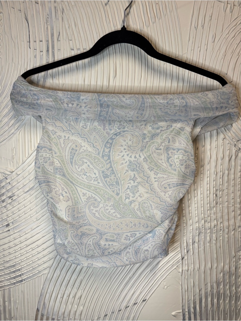Hollister Off-Shoulder Paisley Crop Top in Light Blue and Pale Green